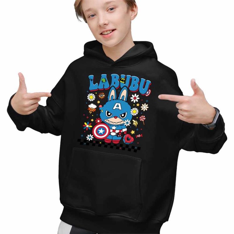 Fashion, accesorii si bijuterii - Copii - Imbracaminte copii - Pulovere si hanorace copii - Hanorac Copii Baieti Labubu Captain America, negru, marime XS Copii - Infinity.ro