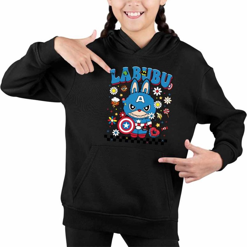 Fashion, accesorii si bijuterii - Copii - Imbracaminte copii - Pulovere si hanorace copii - Hanorac Copii Fete Labubu Captain America, negru, marime XS Copii - Infinity.ro
