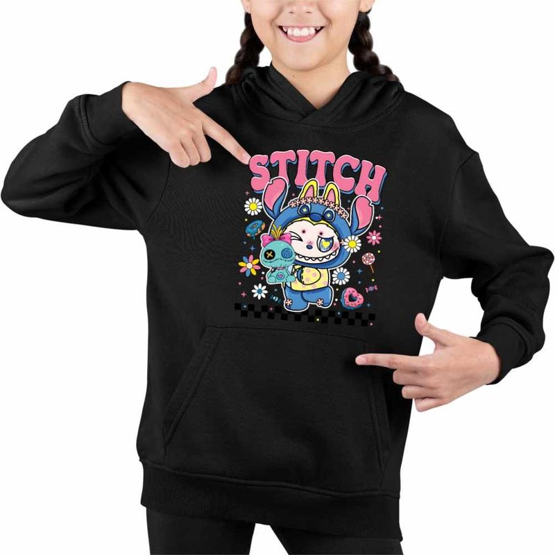 Fashion, accesorii si bijuterii - Copii - Imbracaminte copii - Pulovere si hanorace copii - Hanorac Copii Fete Labubu Stitch Stich, negru, marime XS Copii - Infinity.ro