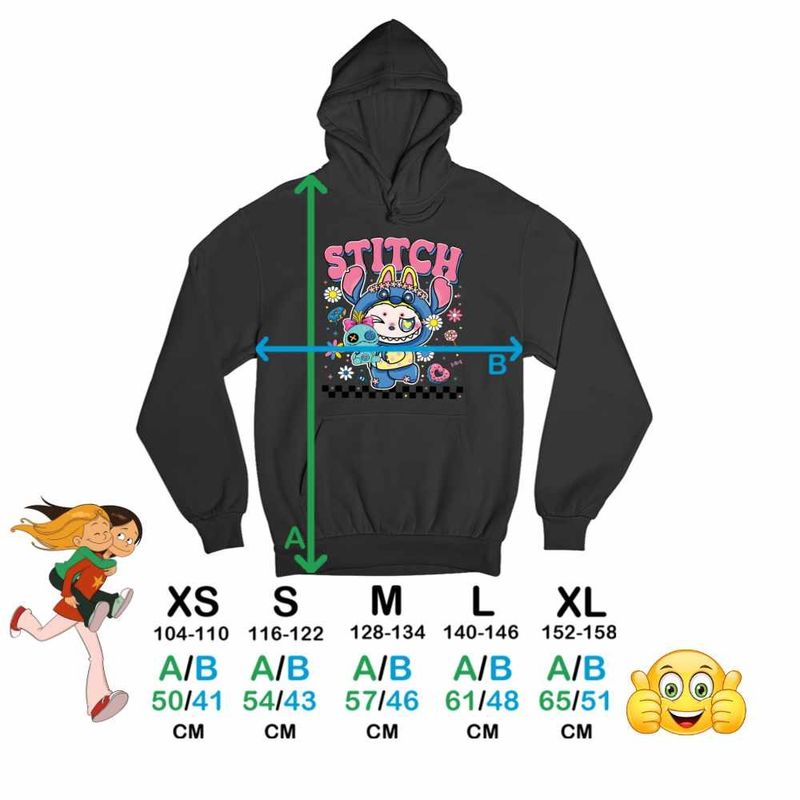 Fashion, accesorii si bijuterii - Copii - Imbracaminte copii - Pulovere si hanorace copii - Hanorac Copii Fete Labubu Stitch Stich, negru, marime XS Copii - Infinity.ro