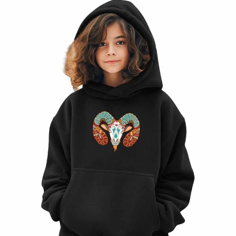 Fashion, accesorii si bijuterii - Copii - Imbracaminte copii - Pulovere si hanorace copii - Hanorac Copii Fete Berbec Zodiac Horoscop Aries Mandala Astrologie, negru, marime XS Copii - Infinity.ro
