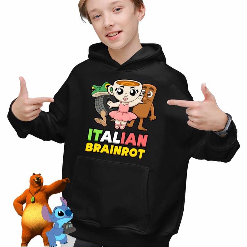 Fashion, accesorii si bijuterii - Copii - Imbracaminte copii - Pulovere si hanorace copii - Hanorac Copii Baieti Italian Ballerina Tung Boneca Brainrot Brain Rot, negru, marime XS Copii - Infinity.ro