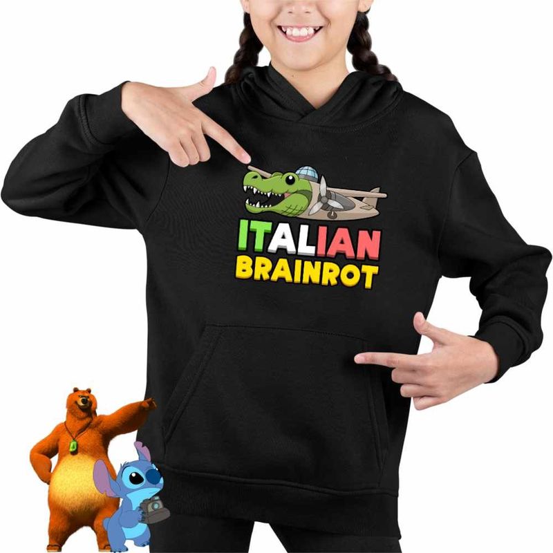 Fashion, accesorii si bijuterii - Copii - Imbracaminte copii - Pulovere si hanorace copii - Hanorac Copii Fete Italian Bombardilo Crocodilo Brain Rot Brainrot, negru, marime XS Copii - Infinity.ro