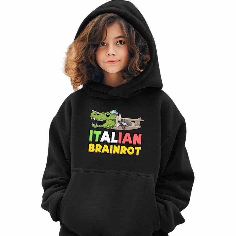 Fashion, accesorii si bijuterii - Copii - Imbracaminte copii - Pulovere si hanorace copii - Hanorac Copii Fete Italian Bombardilo Crocodilo Brain Rot Brainrot, negru, marime XS Copii - Infinity.ro