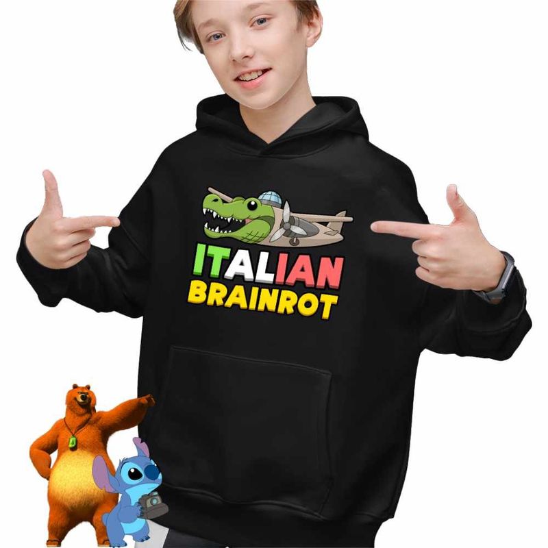 Fashion, accesorii si bijuterii - Copii - Imbracaminte copii - Pulovere si hanorace copii - Hanorac Copii Baieti Italian Bombardilo Crocodilo Brain Rot Brainrot, negru, marime XS Copii - Infinity.ro
