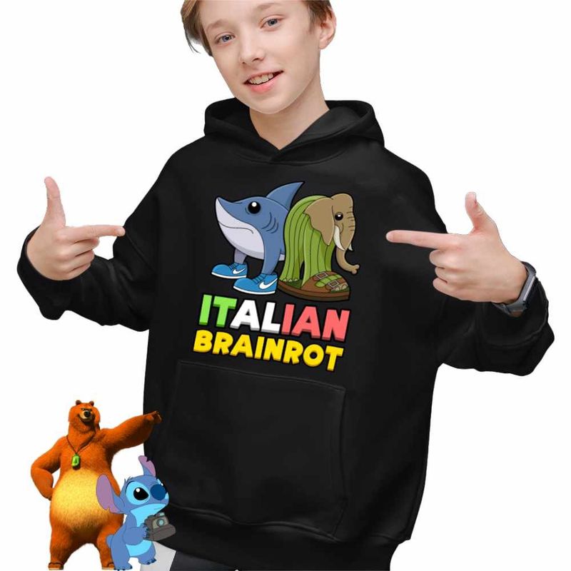 Fashion, accesorii si bijuterii - Copii - Imbracaminte copii - Pulovere si hanorace copii - Hanorac Copii Baieti Italian Tralelero Lirilira Brainrot Brain Rot, negru, marime XS Copii - Infinity.ro