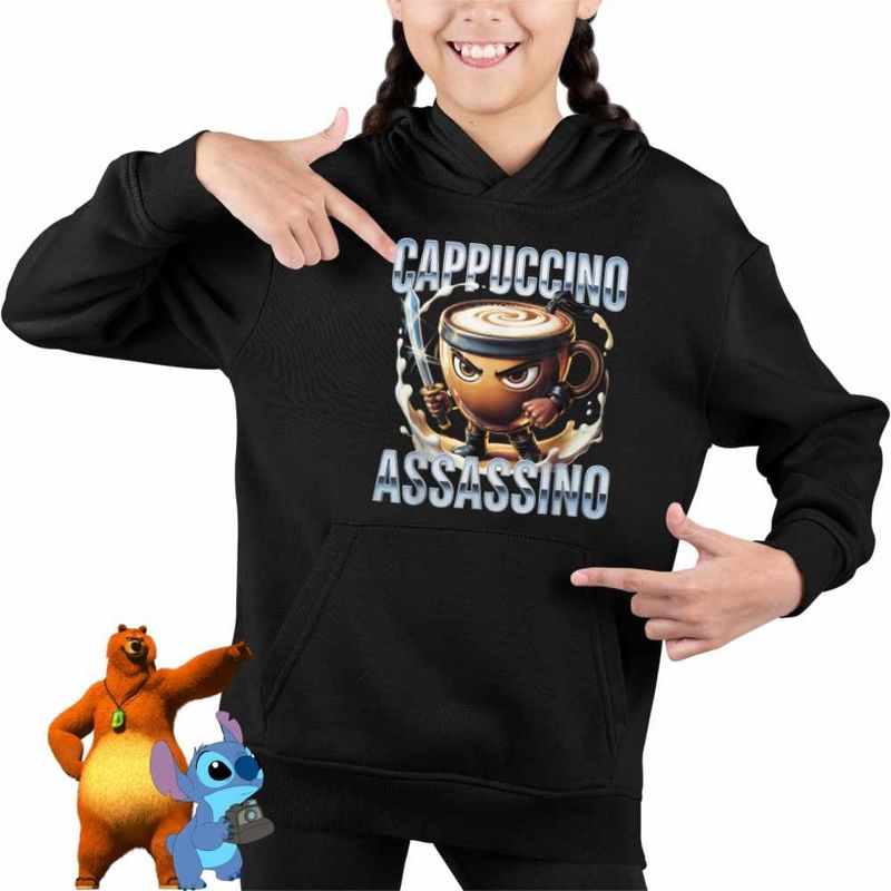 Fashion, accesorii si bijuterii - Copii - Imbracaminte copii - Pulovere si hanorace copii - Hanorac Copii Fete Italian Meme Assassino Brainrot, negru, marime XS Copii - Infinity.ro