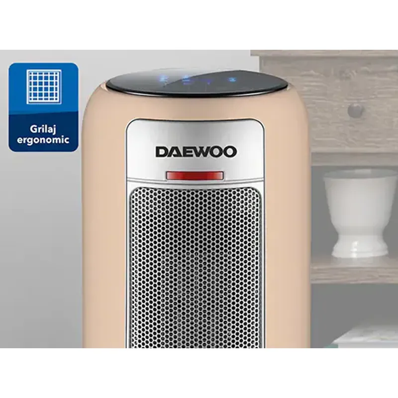 Electronice si Electrocasnice - Climatizare si sisteme de incalzire - Aparate incalzire aer - Aeroterme - Aeroterma ceramica Daewoo DTH2200C, 2200 W, 2 trepte, 1.5 m, 25 cm, 48 cm, 23 cm, 2 kg, 1 elementi incalzire, Bej - Infinity.ro