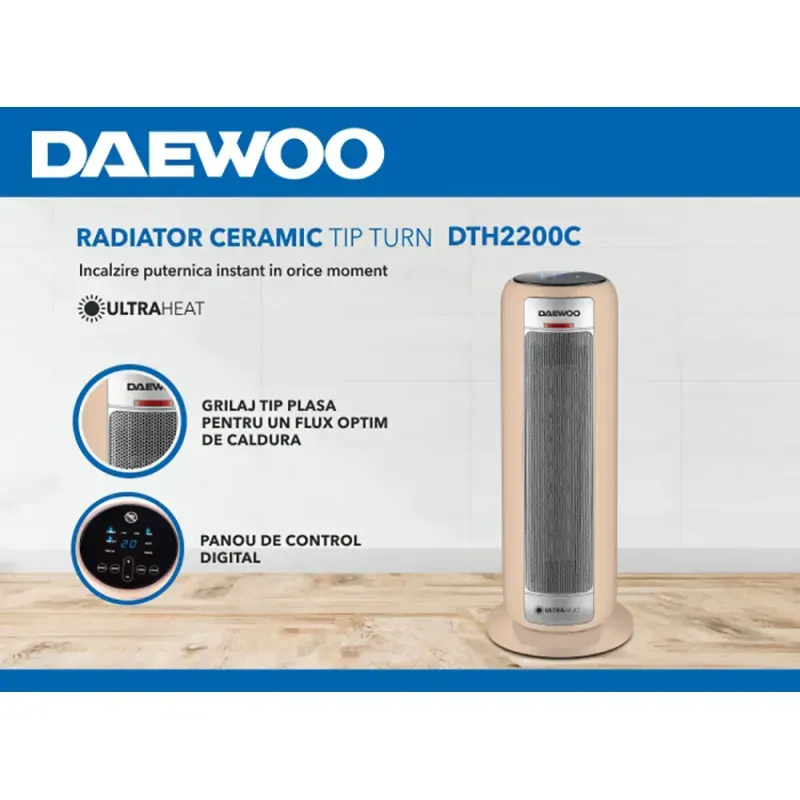 Electronice si Electrocasnice - Climatizare si sisteme de incalzire - Aparate incalzire aer - Aeroterme - Aeroterma ceramica Daewoo DTH2200C, 2200 W, 2 trepte, 1.5 m, 25 cm, 48 cm, 23 cm, 2 kg, 1 elementi incalzire, Bej - Infinity.ro