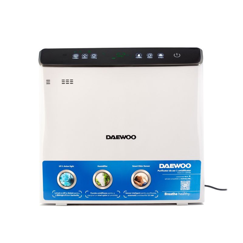 Electronice si Electrocasnice - Climatizare si sisteme de incalzire - Aparate filtrare aer - Umidificatoare - Umidificator Daewoo DAP400, 75 W, 3 trepte, 2.4 l, 452 mm, 438 mm, 233 mm, 60 autonomie h, 45 decibeli, Alb - Infinity.ro