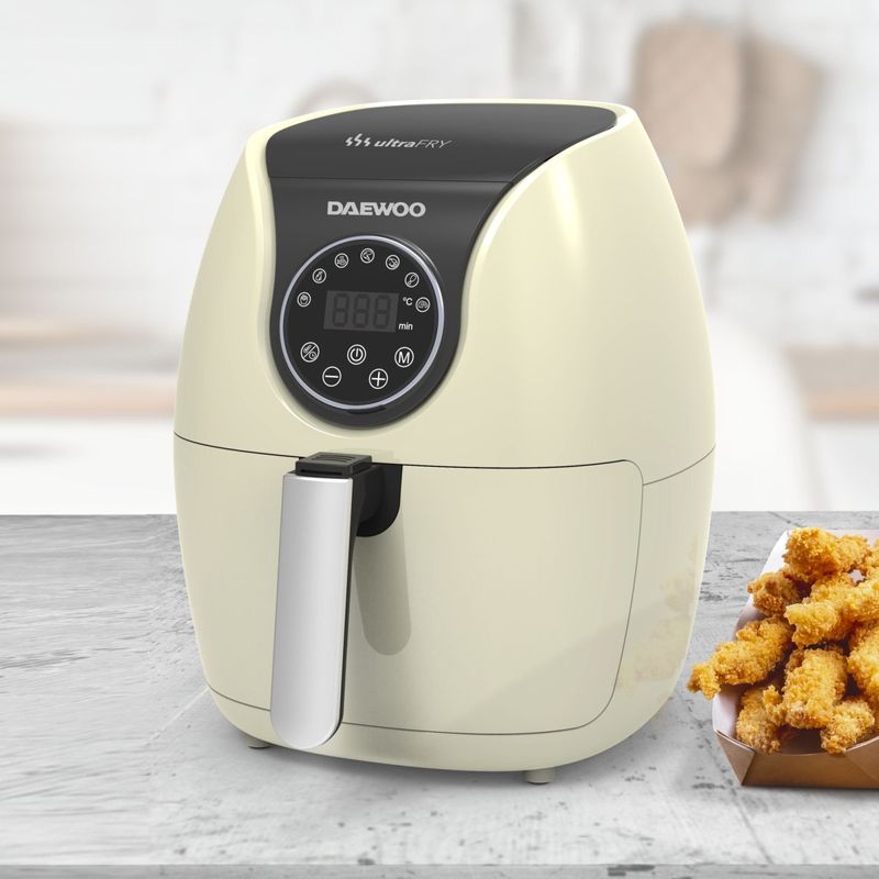 Electronice si Electrocasnice - Electrocasnice bucatarie - Aparate de gatit & desert - Friteuze - Friteuza cu aer cald Daewoo DAF2000, 1500 W, 3.6 l, 12 programe, 1 cosuri, 1 programe principale, Crem - Infinity.ro