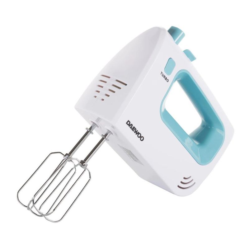 Electronice si Electrocasnice - Electrocasnice bucatarie - Mixere, tocatoare & roboti de bucatarie - Mixere - Mixer de mana Daewoo DHM122LB, 300 W, 0.8 kg, 5 viteze, 2 accesorii, 1 accesorii, functie turbo, Alb, Turcoaz - Infinity.ro