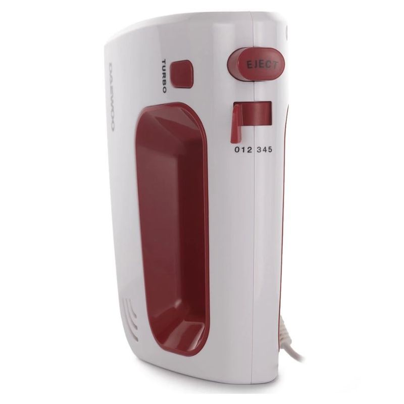 Electronice si Electrocasnice - Electrocasnice bucatarie - Mixere, tocatoare & roboti de bucatarie - Mixere - Mixer de mana Daewoo DHM122R, 300 W, 0.8 kg, 5 viteze, 2 accesorii, 1 accesorii, functie turbo, Alb, Rosu - Infinity.ro