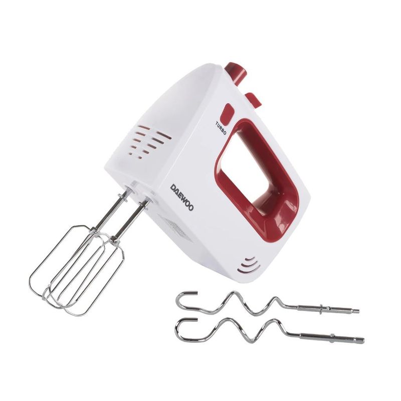 Electronice si Electrocasnice - Electrocasnice bucatarie - Mixere, tocatoare & roboti de bucatarie - Mixere - Mixer de mana Daewoo DHM122R, 300 W, 0.8 kg, 5 viteze, 2 accesorii, 1 accesorii, functie turbo, Alb, Rosu - Infinity.ro