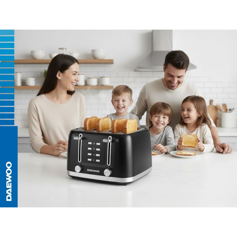 Electronice si Electrocasnice - Electrocasnice bucatarie - Preparare paine - Prajitoare de paine - Prajitor de paine Daewoo DBT4160B, 1600 W, 6 trepte, 4 felii, functie decongelare, mecanic, buton anulare, Negru - Infinity.ro