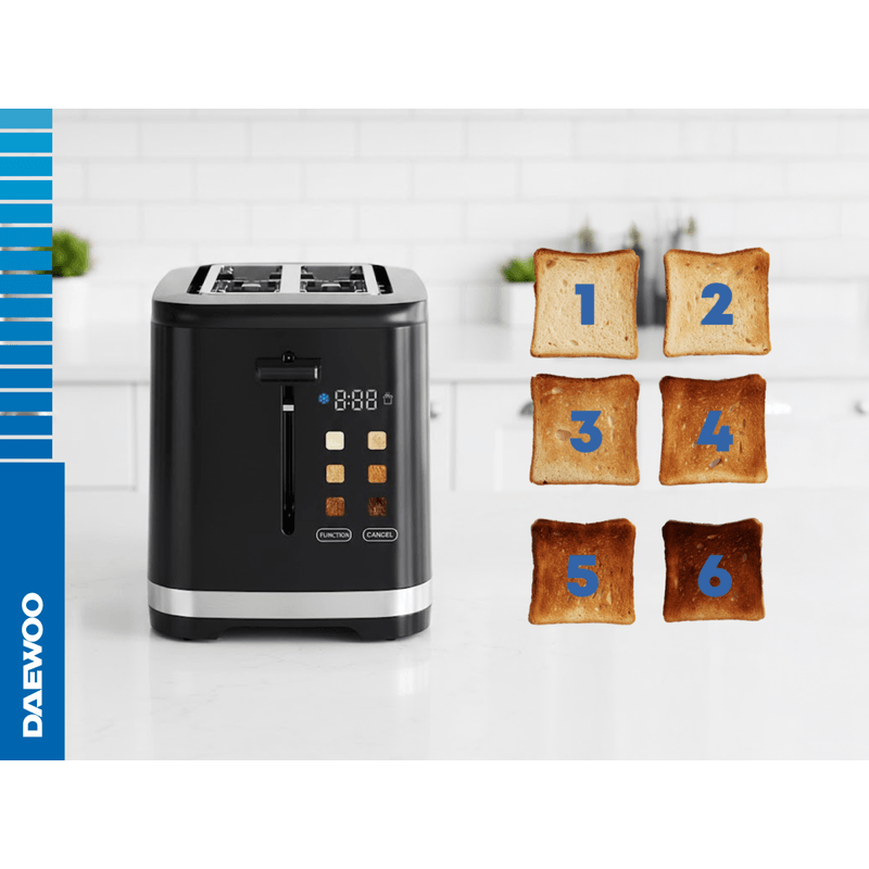 Electronice si Electrocasnice - Electrocasnice bucatarie - Preparare paine - Prajitoare de paine - Prajitor Daewoo DBTCT80B, 800 W, 6 trepte, 2 felii, functie decongelare, digital, carcasa rece, Negru - Infinity.ro