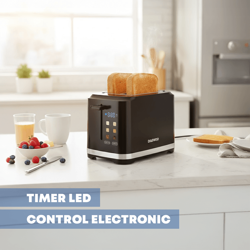 Electronice si Electrocasnice - Electrocasnice bucatarie - Preparare paine - Prajitoare de paine - Prajitor Daewoo DBTCT80B, 800 W, 6 trepte, 2 felii, functie decongelare, digital, carcasa rece, Negru - Infinity.ro