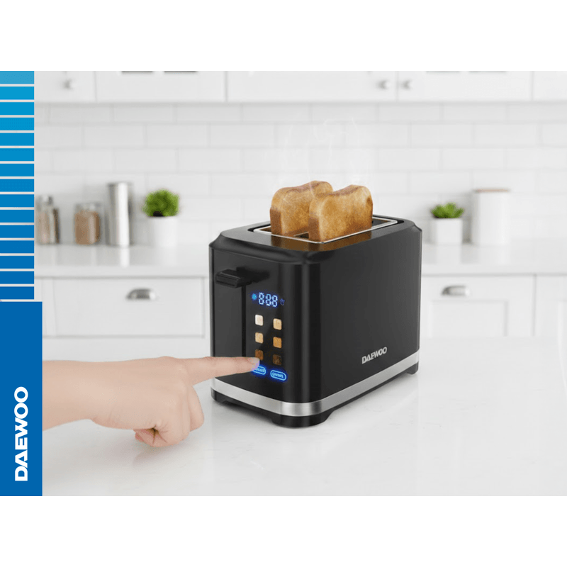 Electronice si Electrocasnice - Electrocasnice bucatarie - Preparare paine - Prajitoare de paine - Prajitor Daewoo DBTCT80B, 800 W, 6 trepte, 2 felii, functie decongelare, digital, carcasa rece, Negru - Infinity.ro