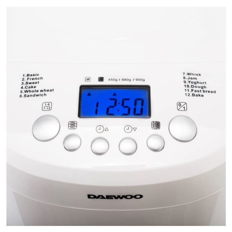 Electronice si Electrocasnice - Electrocasnice bucatarie - Preparare paine - Masini de paine - Masina de facut paine Daewoo DBM600W, 600 W, 900 grame, 12 programe, 2 grade rumenire, 1 programe principale, Alb - Infinity.ro