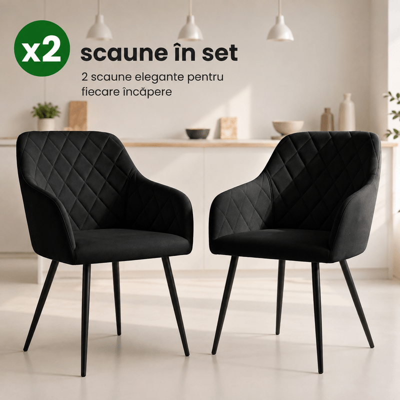 Casa si Gradina - Mobilier - Scaune si fotolii - Scaune - Set 2 scaune dining tapitate Velto, catifea, matlasate cu romburi, 52x58x82 cm, maxim 120 kg, negru - Infinity.ro