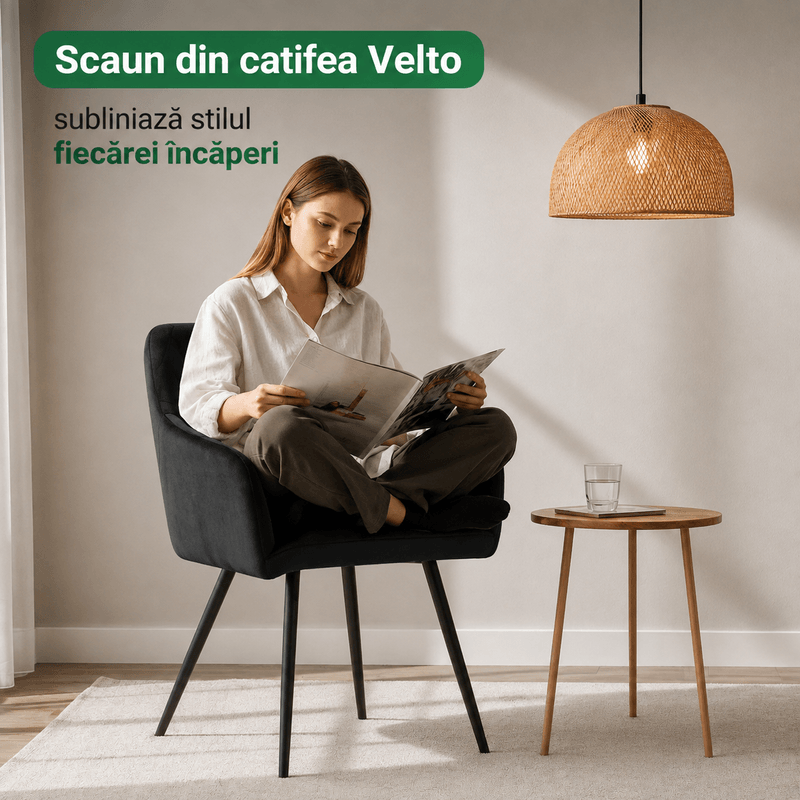 Casa si Gradina - Mobilier - Scaune si fotolii - Scaune - Set 2 scaune dining tapitate Velto, catifea, matlasate cu romburi, 52x58x82 cm, maxim 120 kg, negru - Infinity.ro