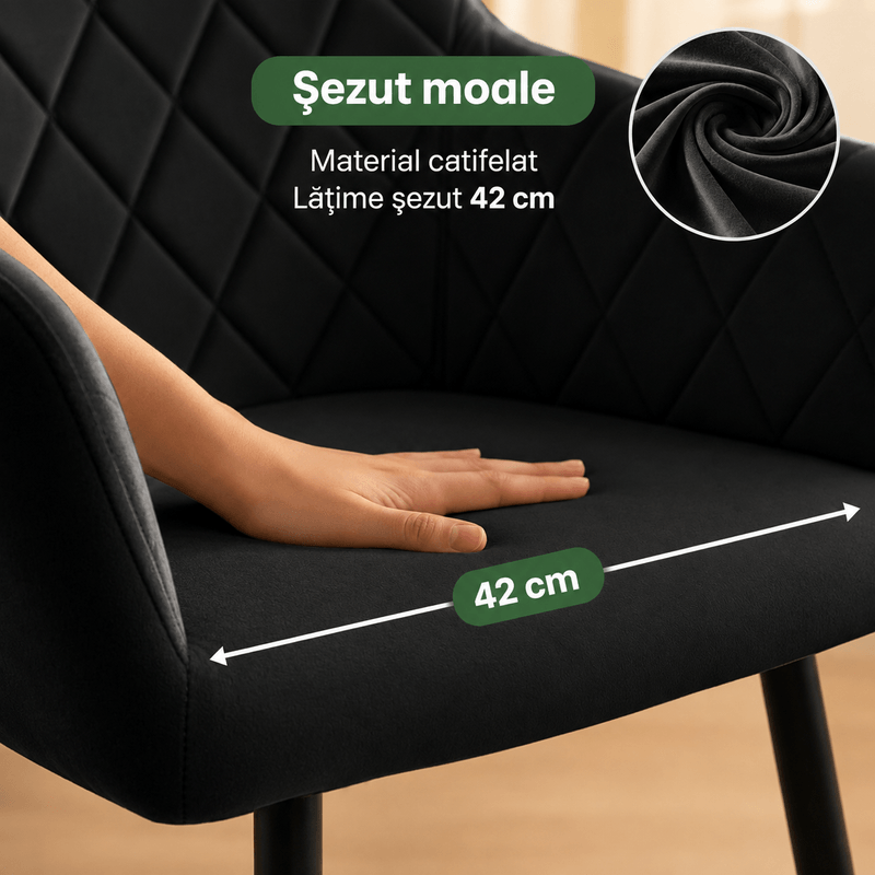 Casa si Gradina - Mobilier - Scaune si fotolii - Scaune - Set 2 scaune dining tapitate Velto, catifea, matlasate cu romburi, 52x58x82 cm, maxim 120 kg, negru - Infinity.ro