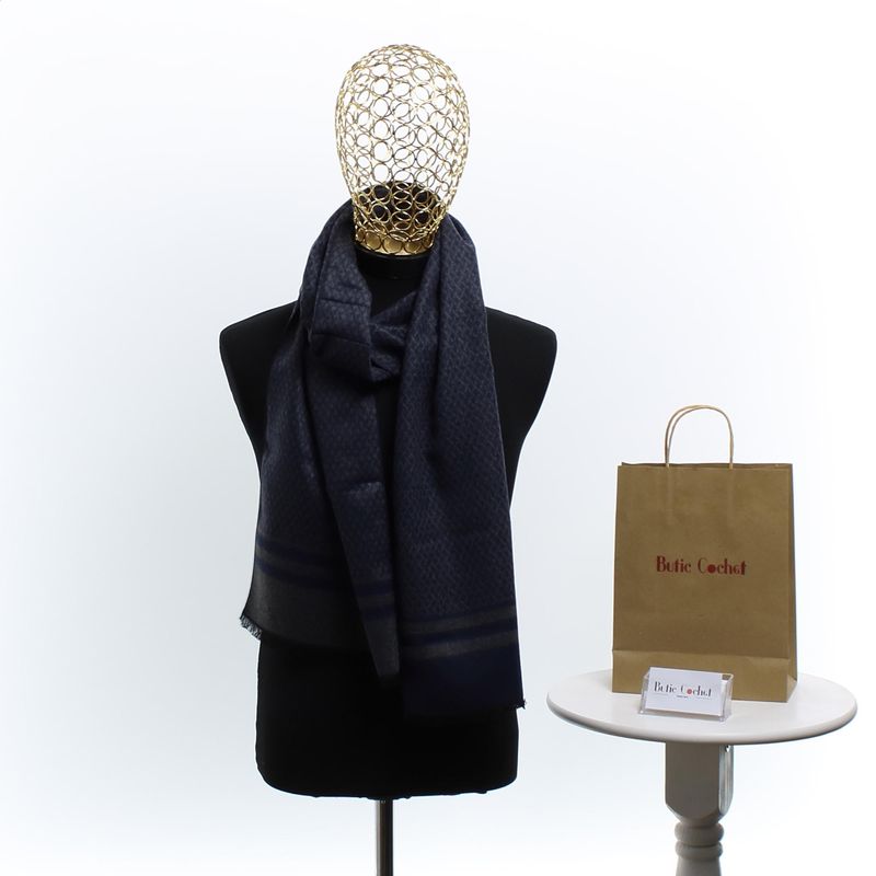 Fashion, accesorii si bijuterii - Barbati - Accesorii barbati - Esarfe si fulare barbati - Esarfa barbati, din casmir / pashmina, 30 x 188 cm, model stilizat, Bleumarin cu gri - ES2293 - Infinity.ro