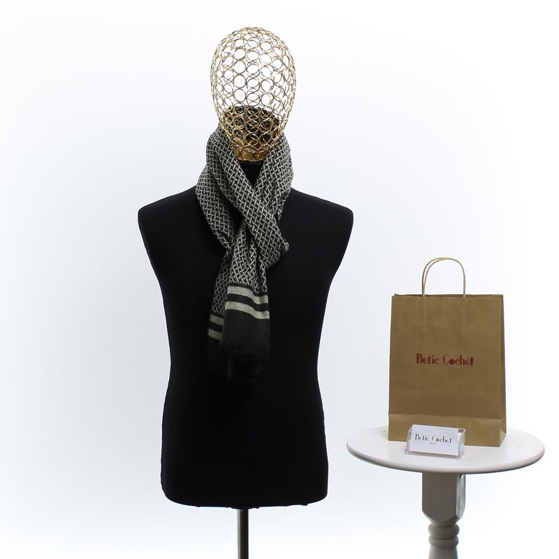 Fashion, accesorii si bijuterii - Barbati - Accesorii barbati - Esarfe si fulare barbati - Esarfa barbati, din casmir / pashmina, 30 x 188 cm, model stilizat, Negru cu bej - ES2302 - Infinity.ro