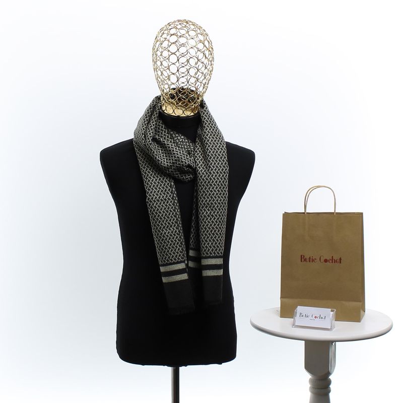 Fashion, accesorii si bijuterii - Barbati - Accesorii barbati - Esarfe si fulare barbati - Esarfa barbati, din casmir / pashmina, 30 x 188 cm, model stilizat, Negru cu bej - ES2302 - Infinity.ro