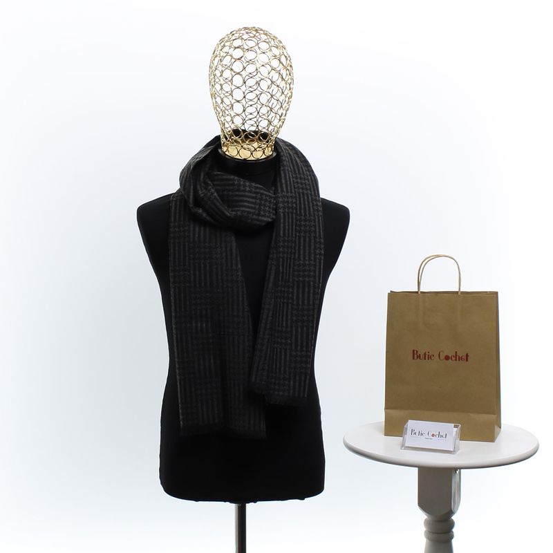 Fashion, accesorii si bijuterii - Barbati - Accesorii barbati - Esarfe si fulare barbati - Esarfa barbati, din casmir / pashmina, 30 x 188 cm, model liniar stilizat, Negru cu gri - ES2303 - Infinity.ro