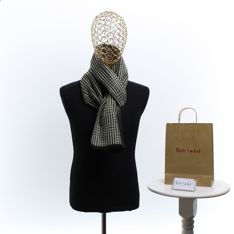 Fashion, accesorii si bijuterii - Barbati - Accesorii barbati - Esarfe si fulare barbati - Esarfa barbati, din casmir / pashmina, 30 x 188 cm, model liniar stilizat, Negru cu bej - ES2308 - Infinity.ro