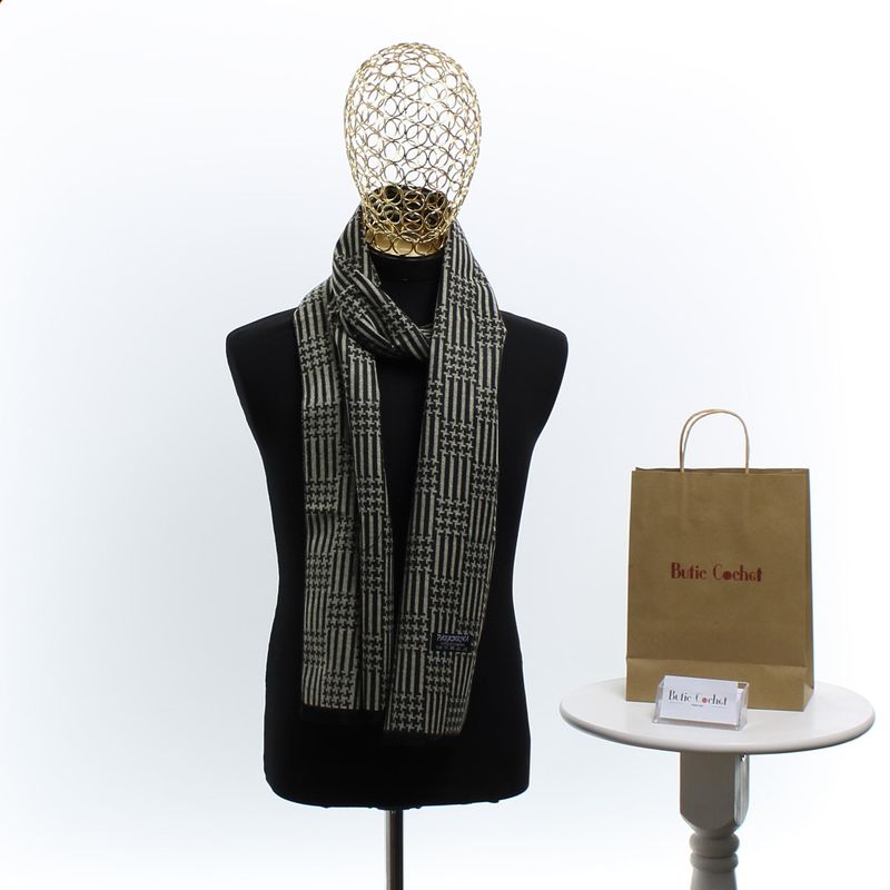 Fashion, accesorii si bijuterii - Barbati - Accesorii barbati - Esarfe si fulare barbati - Esarfa barbati, din casmir / pashmina, 30 x 188 cm, model liniar stilizat, Negru cu bej - ES2308 - Infinity.ro