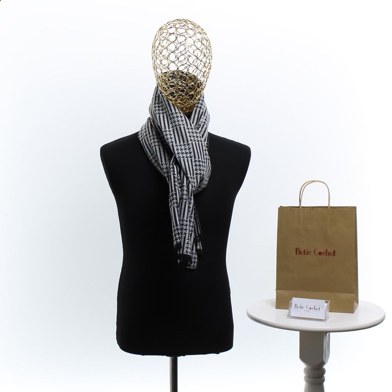 Fashion, accesorii si bijuterii - Barbati - Accesorii barbati - Esarfe si fulare barbati - Esarfa barbati, din casmir / pashmina, 30 x 188 cm, model liniar stilizat, Negru cu gri - ES2309 - Infinity.ro