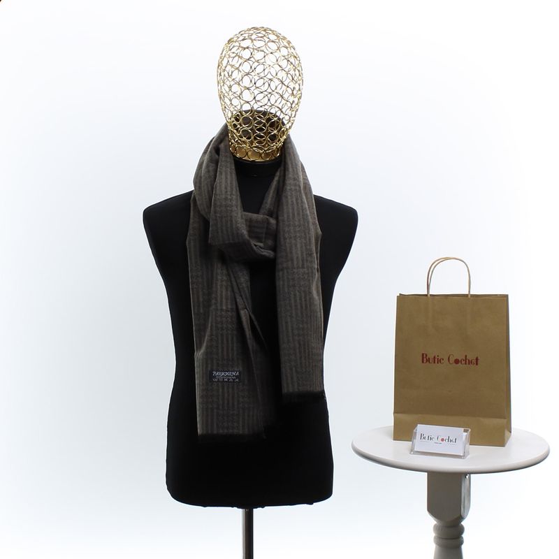 Fashion, accesorii si bijuterii - Barbati - Accesorii barbati - Esarfe si fulare barbati - Esarfa barbati, din casmir / pashmina, 30 x 188 cm, model liniar stilizat, Gri cu bej - ES2307 - Infinity.ro