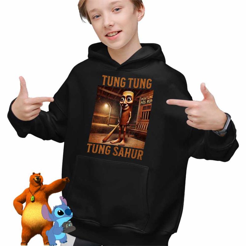 Fashion, accesorii si bijuterii - Copii - Imbracaminte copii - Pulovere si hanorace copii - Hanorac Copii Baieti Tung Tung Tung Sahur Brainrot Meme, negru, marime S Copii - Infinity.ro