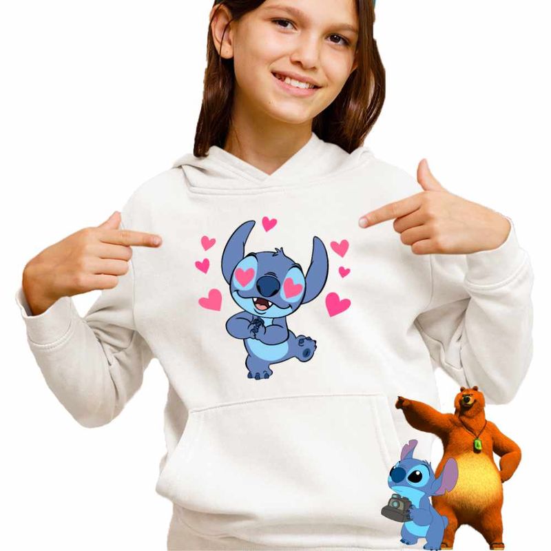 Fashion, accesorii si bijuterii - Copii - Imbracaminte copii - Pulovere si hanorace copii - Hanorac Copii Fete Stitch in Love Dragobete Valentines Day, alb, marime XL Copii - Infinity.ro