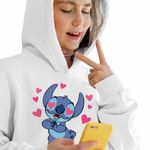 Fashion, accesorii si bijuterii - Copii - Imbracaminte copii - Pulovere si hanorace copii - Hanorac Copii Fete Stitch in Love Dragobete Valentines Day, alb, marime XL Copii - Infinity.ro