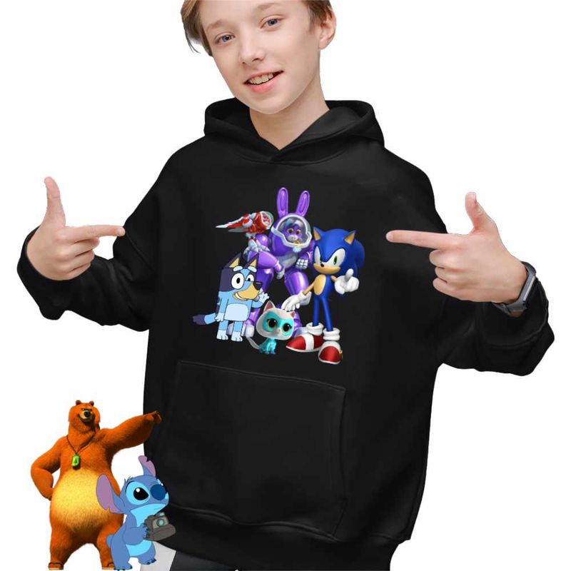 Fashion, accesorii si bijuterii - Copii - Imbracaminte copii - Pulovere si hanorace copii - Hanorac Copii Baieti Robogobo Bluey Sonic Super Pisicute, negru, marime M Copii - Infinity.ro