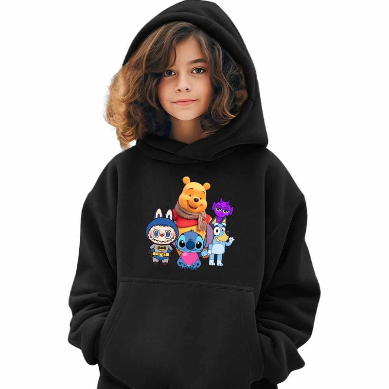 Fashion, accesorii si bijuterii - Copii - Imbracaminte copii - Pulovere si hanorace copii - Hanorac Copii Fete Winnie Labubu Stitch Bluey Sprunki Batman, negru, marime L Copii - Infinity.ro