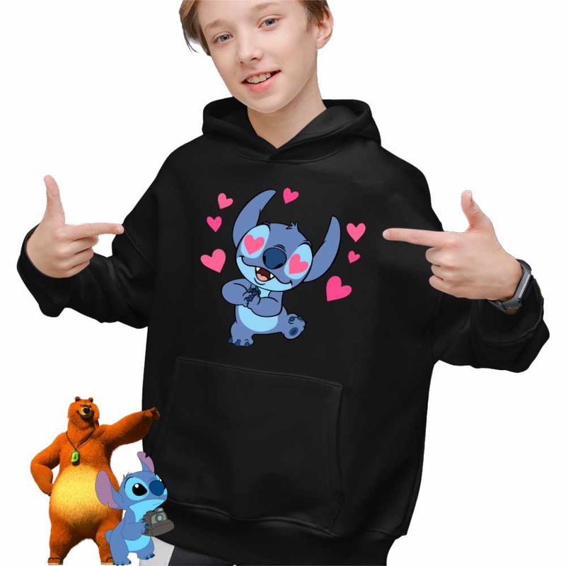 Fashion, accesorii si bijuterii - Copii - Imbracaminte copii - Pulovere si hanorace copii - Hanorac Copii Baieti Stitch in Love Dragobete Valentines Day, negru, marime L Copii - Infinity.ro