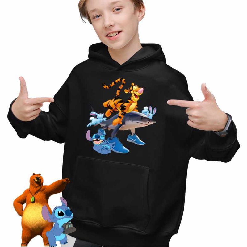Fashion, accesorii si bijuterii - Copii - Imbracaminte copii - Pulovere si hanorace copii - Hanorac Copii Baieti Tigger Tralalero Tralala Stitch Tigru Rechin, negru, marime XS Copii - Infinity.ro