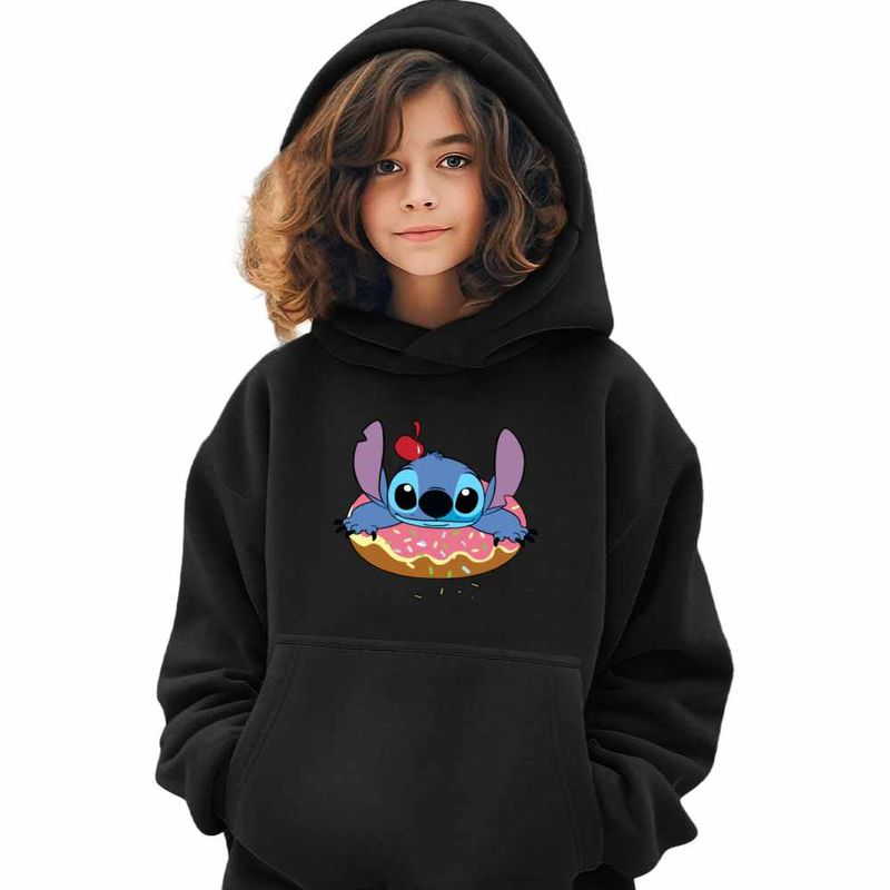 Fashion, accesorii si bijuterii - Copii - Imbracaminte copii - Pulovere si hanorace copii - Hanorac Copii Fete Stitch Donut Gogoasa, negru, marime XS Copii - Infinity.ro