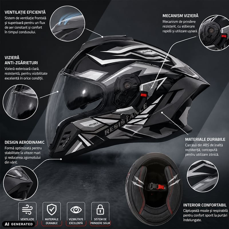 Auto si Moto - Moto - Echipamente protectie moto - Casti moto - Casca Moto/Scuter Integrala FIXATO Raptor, Protectie UV, Viziera Dubla, Design Sportiv, Negru cu Gri, L 59-60cm - Infinity.ro