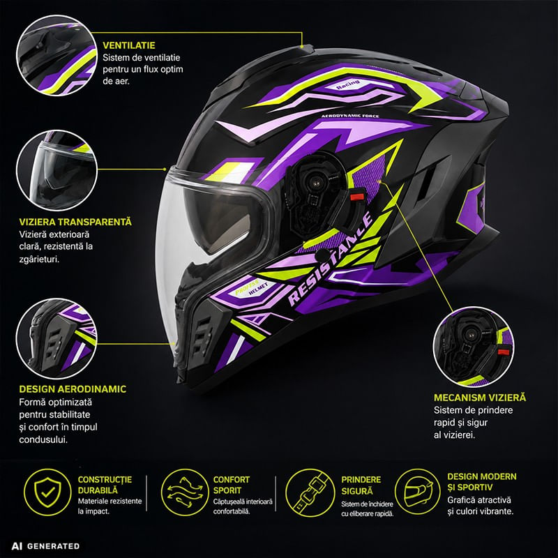Auto si Moto - Moto - Echipamente protectie moto - Casti moto - Casca Moto/Scuter Integrala FIXATO Raptor, Protectie UV, Viziera Dubla, Design Sportiv, Negru cu Mov, L 59-60cm - Infinity.ro