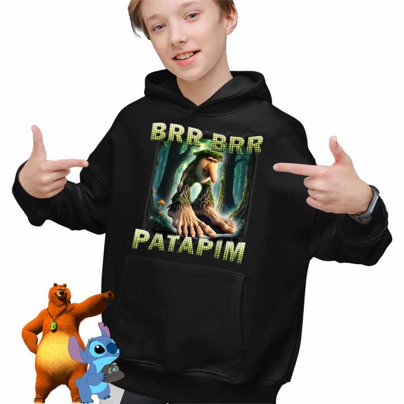 Fashion, accesorii si bijuterii - Copii - Imbracaminte copii - Pulovere si hanorace copii - Hanorac Copii Baieti Brr Brr Patapim Meme Brainrot Italian, negru, marime L Copii - Infinity.ro