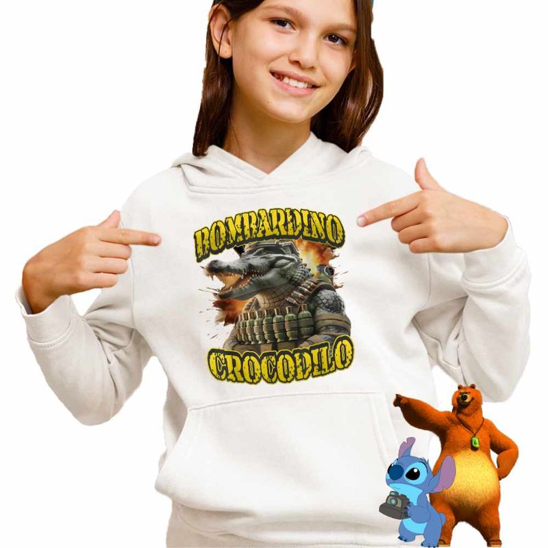 Fashion, accesorii si bijuterii - Copii - Imbracaminte copii - Pulovere si hanorace copii - Hanorac Copii Fete Crocodilo Bombardino Brainrot, alb, marime S Copii - Infinity.ro