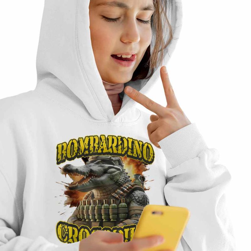 Fashion, accesorii si bijuterii - Copii - Imbracaminte copii - Pulovere si hanorace copii - Hanorac Copii Fete Crocodilo Bombardino Brainrot, alb, marime S Copii - Infinity.ro