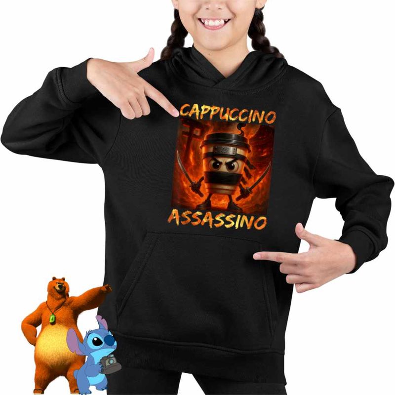 Fashion, accesorii si bijuterii - Copii - Imbracaminte copii - Pulovere si hanorace copii - Hanorac Copii Fete Italia Cappuccino Assassino Brainrot, negru, marime XL Copii - Infinity.ro