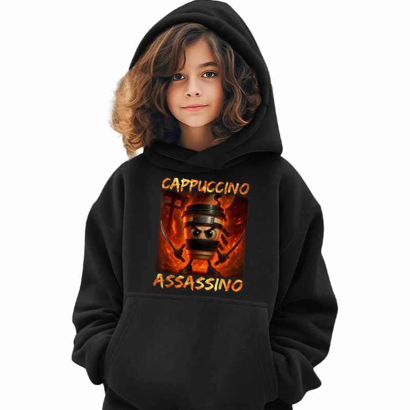Fashion, accesorii si bijuterii - Copii - Imbracaminte copii - Pulovere si hanorace copii - Hanorac Copii Fete Italia Cappuccino Assassino Brainrot, negru, marime XL Copii - Infinity.ro