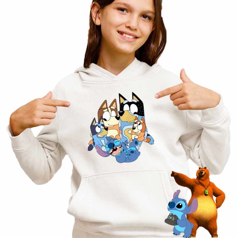 Fashion, accesorii si bijuterii - Copii - Imbracaminte copii - Pulovere si hanorace copii - Hanorac Copii Fete Bluey Family Stitch Stich Bingo, alb, marime S Copii - Infinity.ro